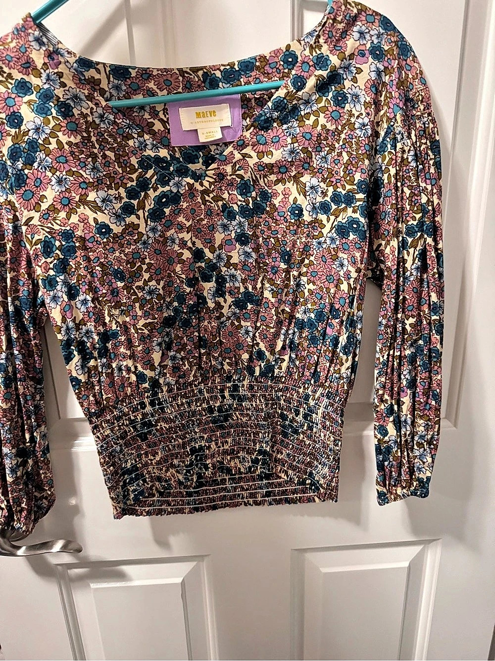 Maeve Floral V-Neck Blouse in Blue & Pink Small Like New